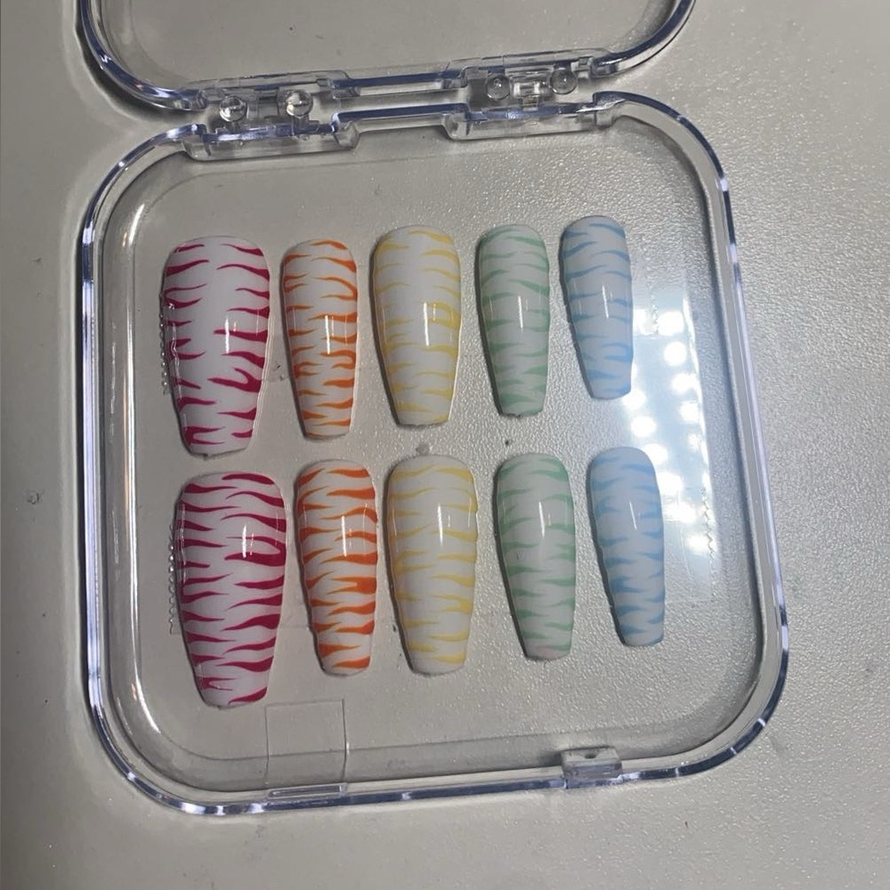 Hand painted rainbow zebra print press on set
